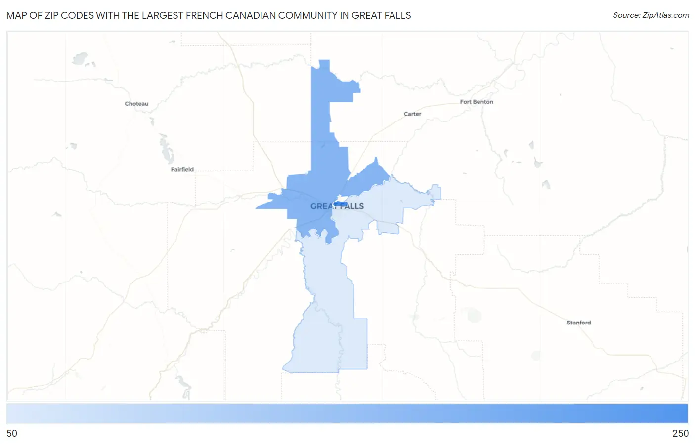 Zip Codes with the Largest French Canadian Community in Great Falls Map