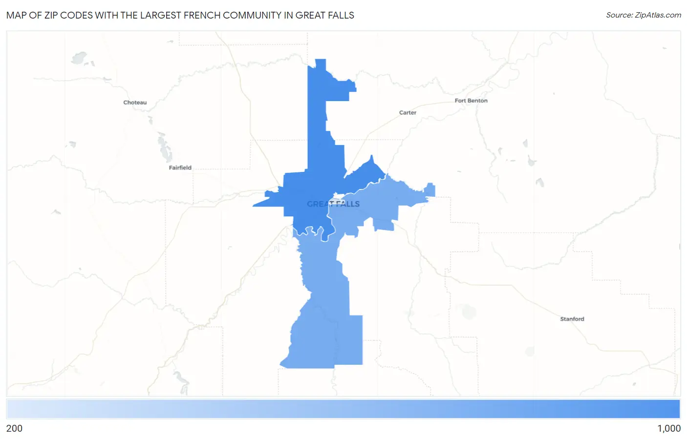 Zip Codes with the Largest French Community in Great Falls Map