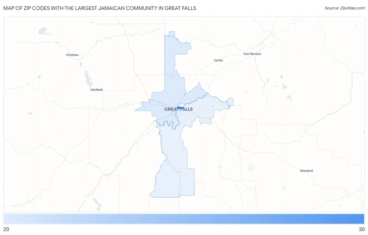 Zip Codes with the Largest Jamaican Community in Great Falls Map