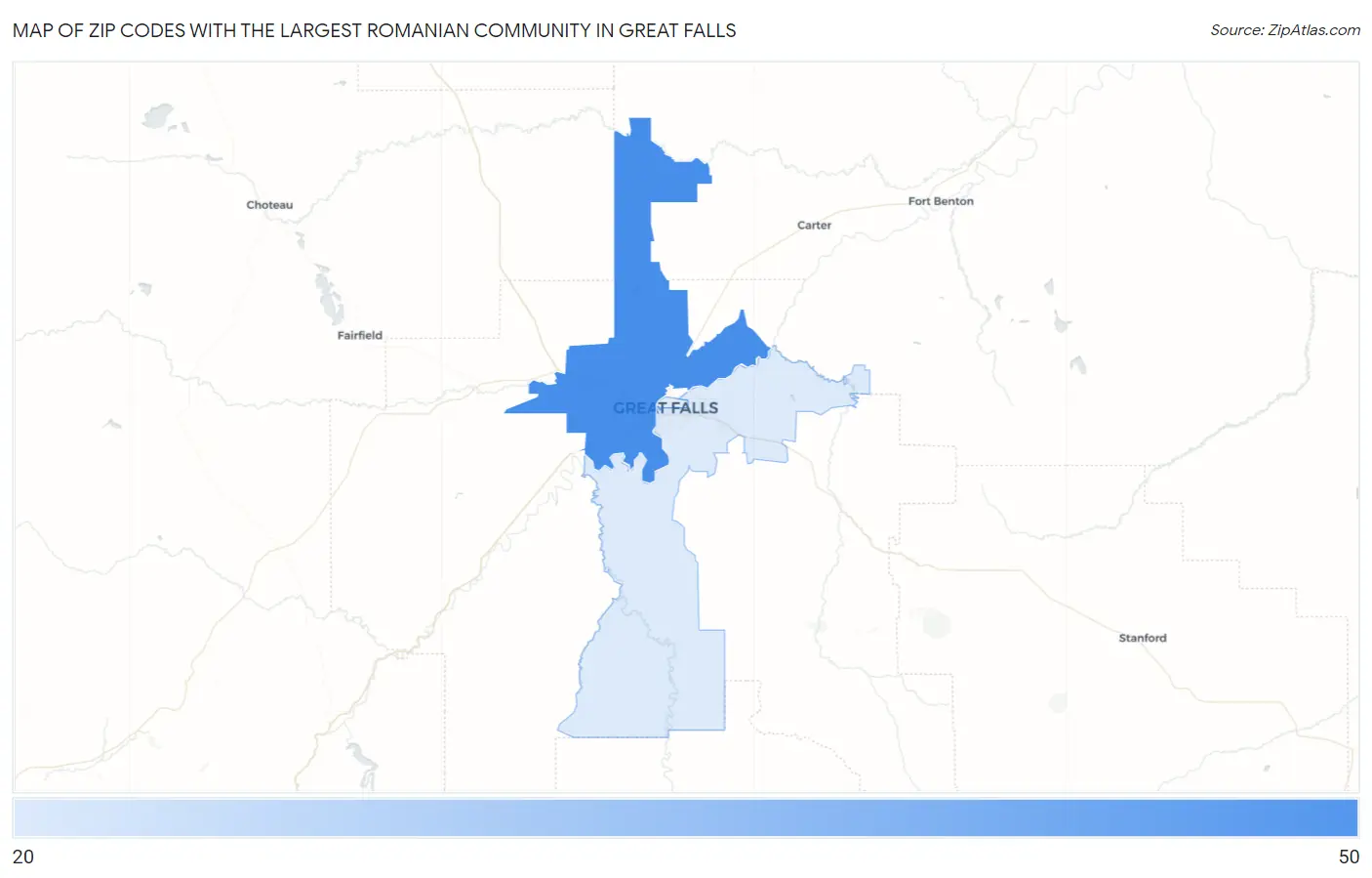 Zip Codes with the Largest Romanian Community in Great Falls Map