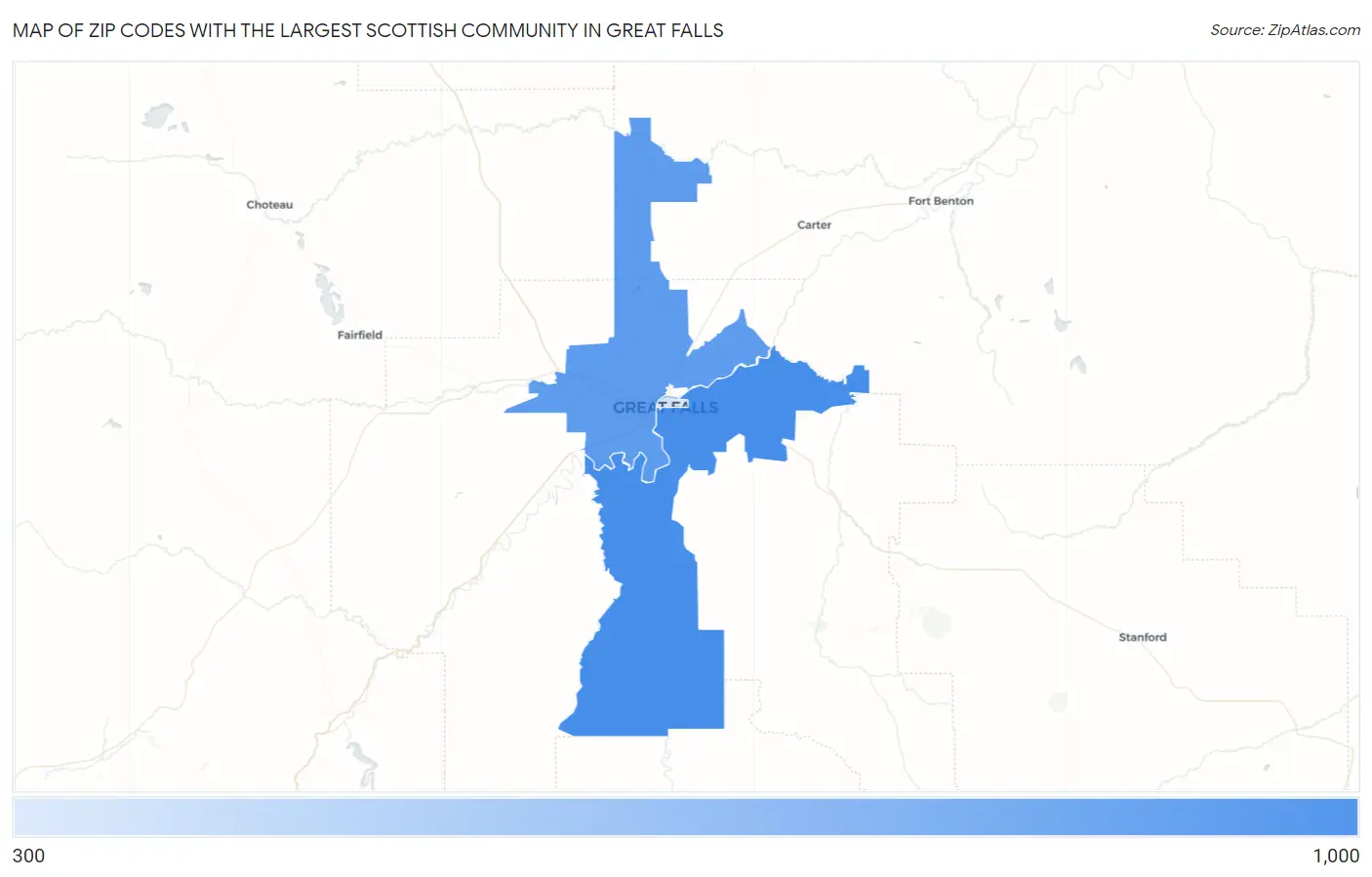 Zip Codes with the Largest Scottish Community in Great Falls Map