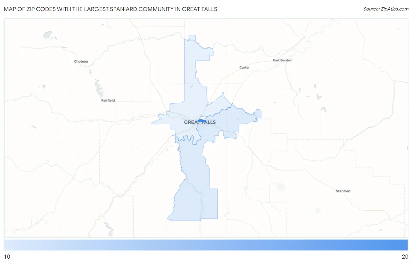 Zip Codes with the Largest Spaniard Community in Great Falls Map