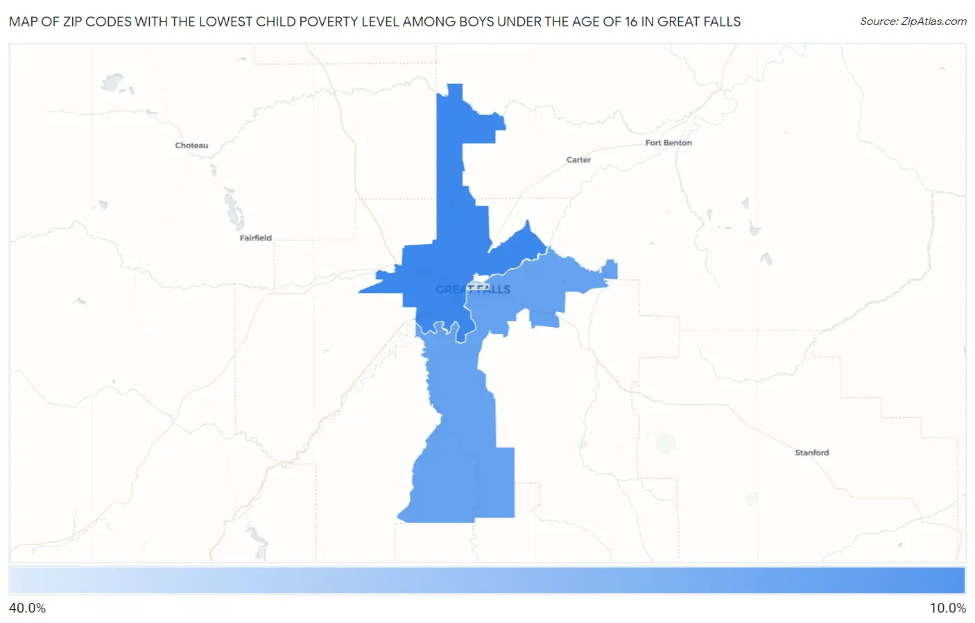 Zip Codes with the Lowest Child Poverty Level Among Boys Under the Age of 16 in Great Falls Map