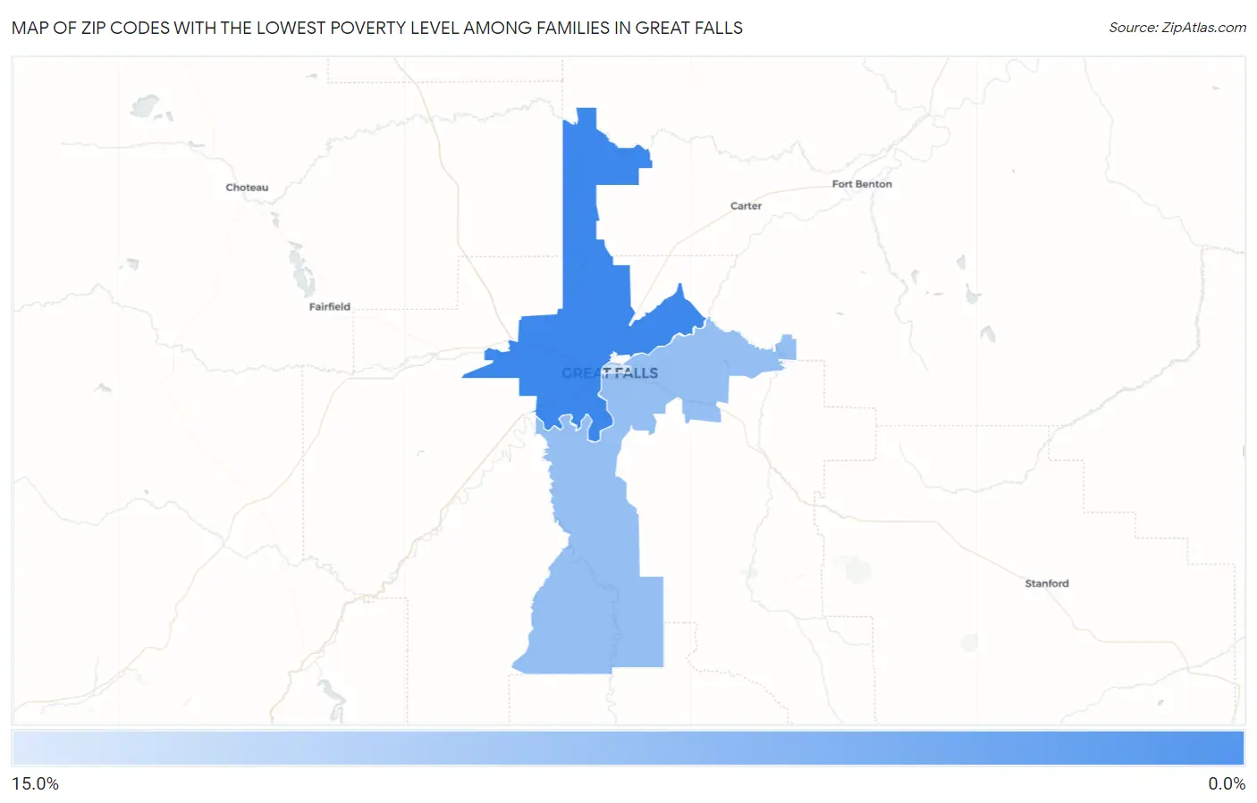 Zip Codes with the Lowest Poverty Level Among Families in Great Falls Map