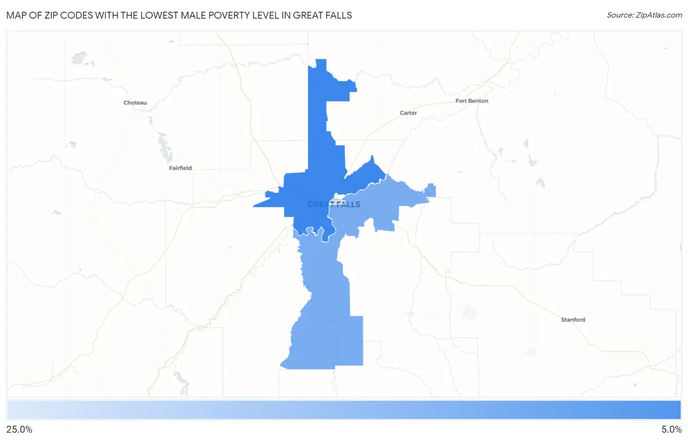 Zip Codes with the Lowest Male Poverty Level in Great Falls Map