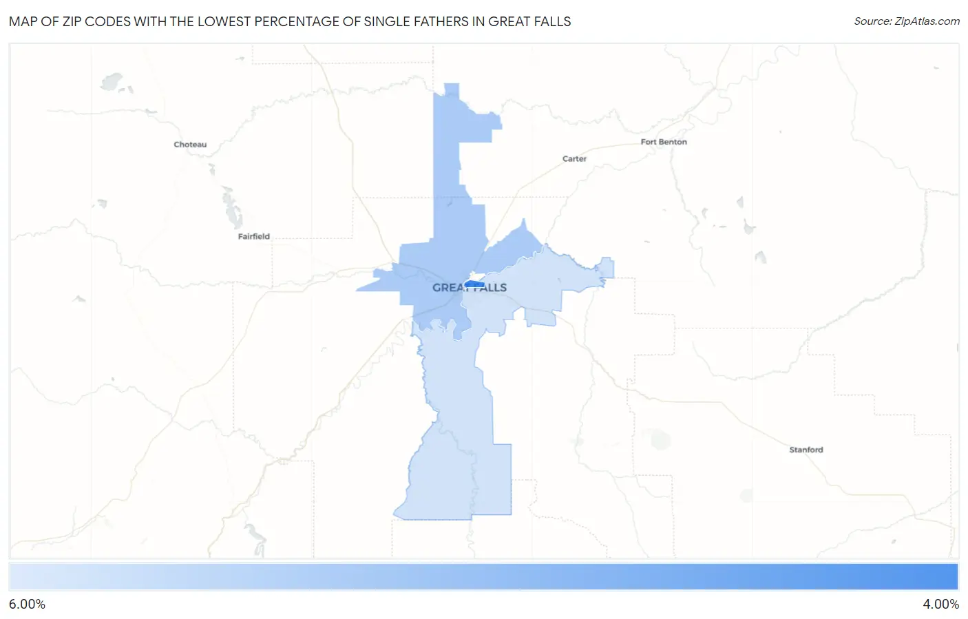 Zip Codes with the Lowest Percentage of Single Fathers in Great Falls Map