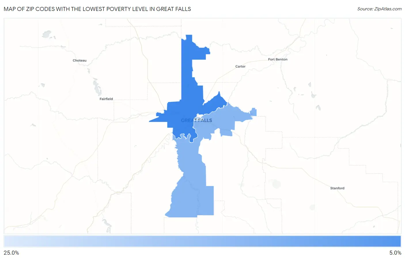 Zip Codes with the Lowest Poverty Level in Great Falls Map