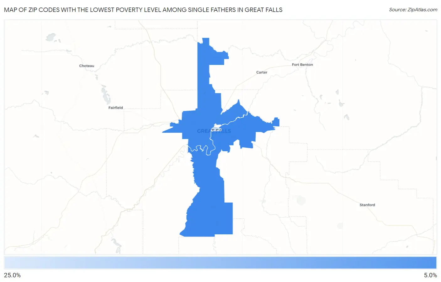 Zip Codes with the Lowest Poverty Level Among Single Fathers in Great Falls Map