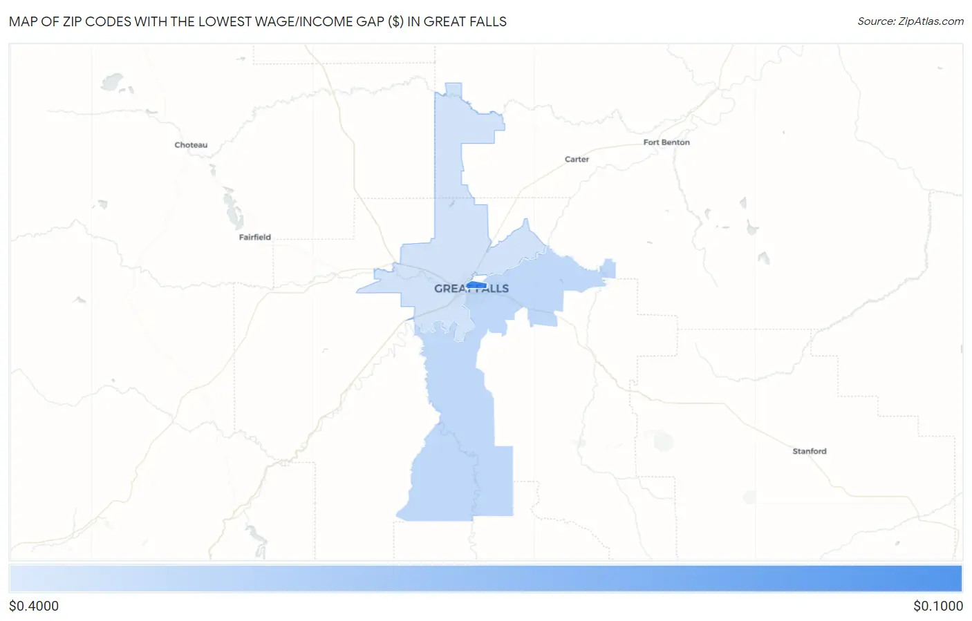Zip Codes with the Lowest Wage/Income Gap ($) in Great Falls Map