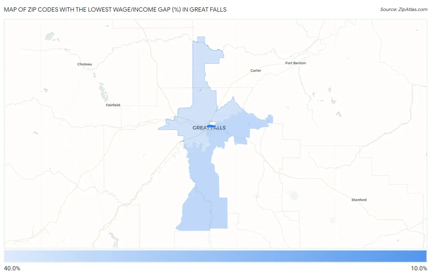 Zip Codes with the Lowest Wage/Income Gap (%) in Great Falls Map