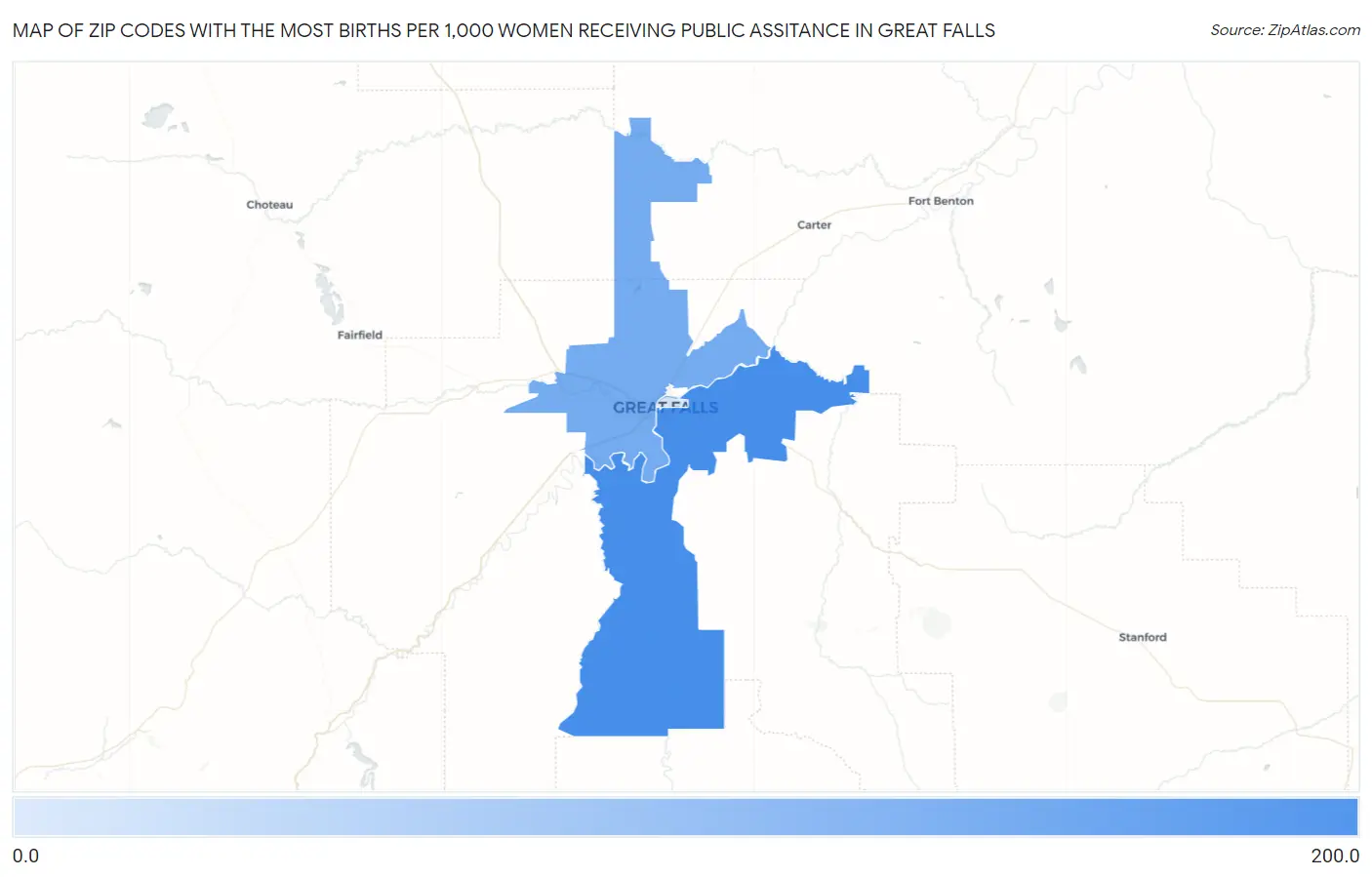 Zip Codes with the Most Births per 1,000 Women Receiving Public Assitance in Great Falls Map