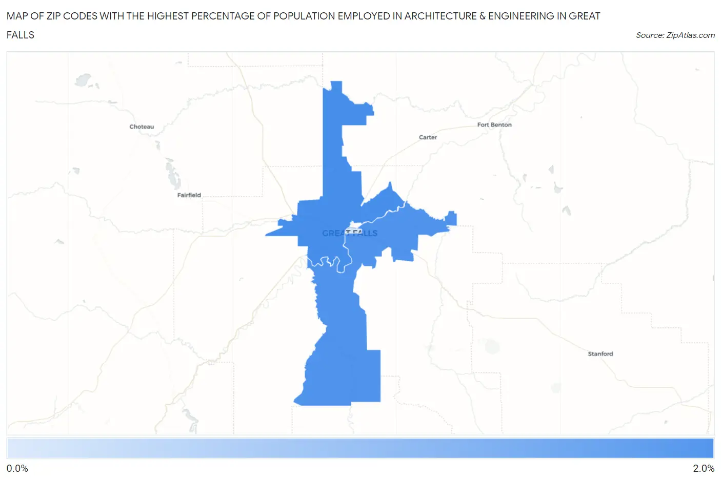 Zip Codes with the Highest Percentage of Population Employed in Architecture & Engineering in Great Falls Map