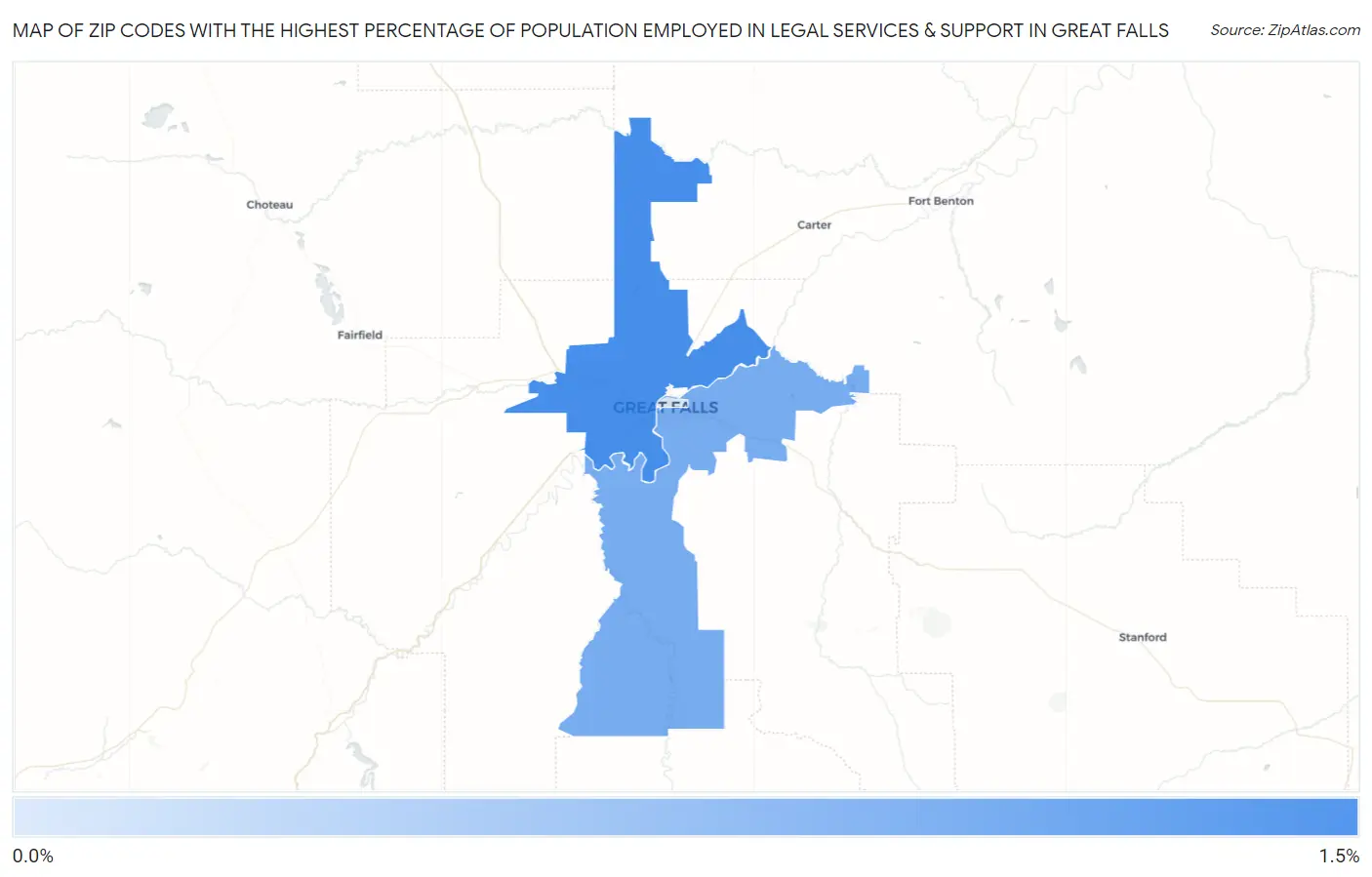 Zip Codes with the Highest Percentage of Population Employed in Legal Services & Support in Great Falls Map