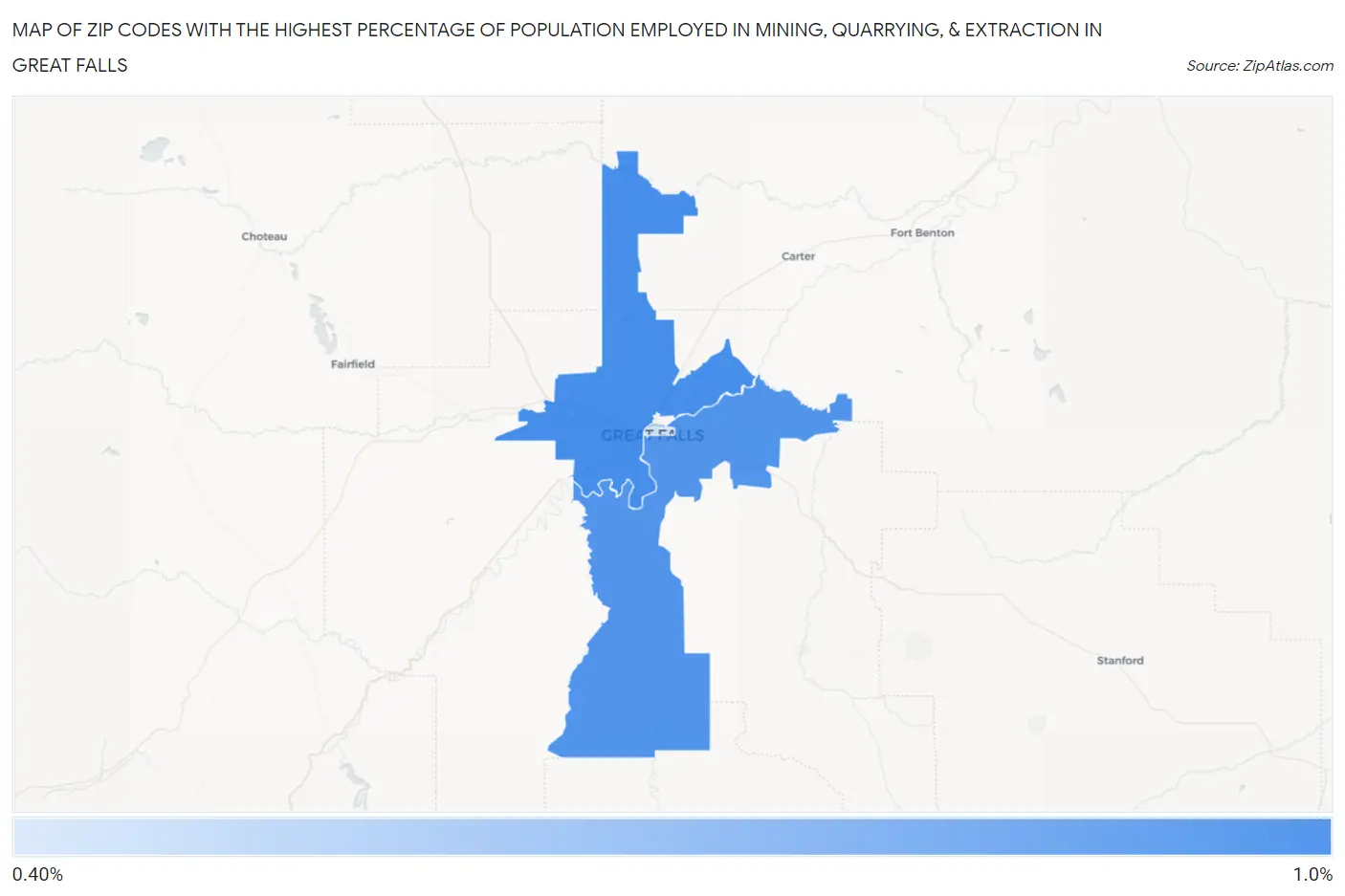 Zip Codes with the Highest Percentage of Population Employed in Mining, Quarrying, & Extraction in Great Falls Map