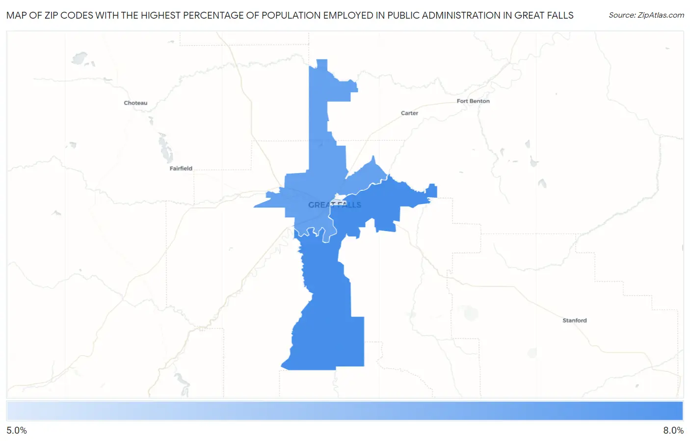 Zip Codes with the Highest Percentage of Population Employed in Public Administration in Great Falls Map
