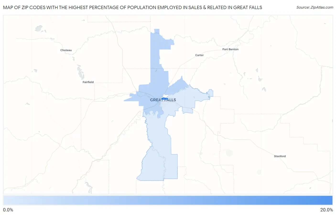 Zip Codes with the Highest Percentage of Population Employed in Sales & Related in Great Falls Map