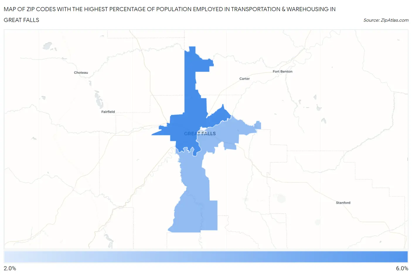 Zip Codes with the Highest Percentage of Population Employed in Transportation & Warehousing in Great Falls Map