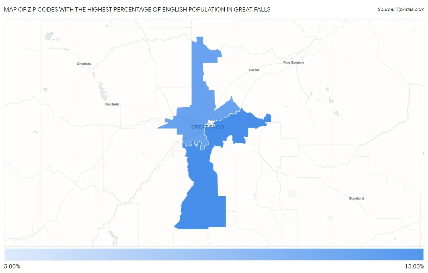 Zip Codes with the Highest Percentage of English Population in Great Falls Map