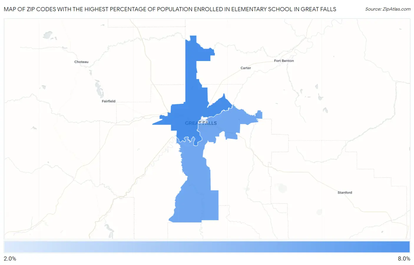Zip Codes with the Highest Percentage of Population Enrolled in Elementary School in Great Falls Map
