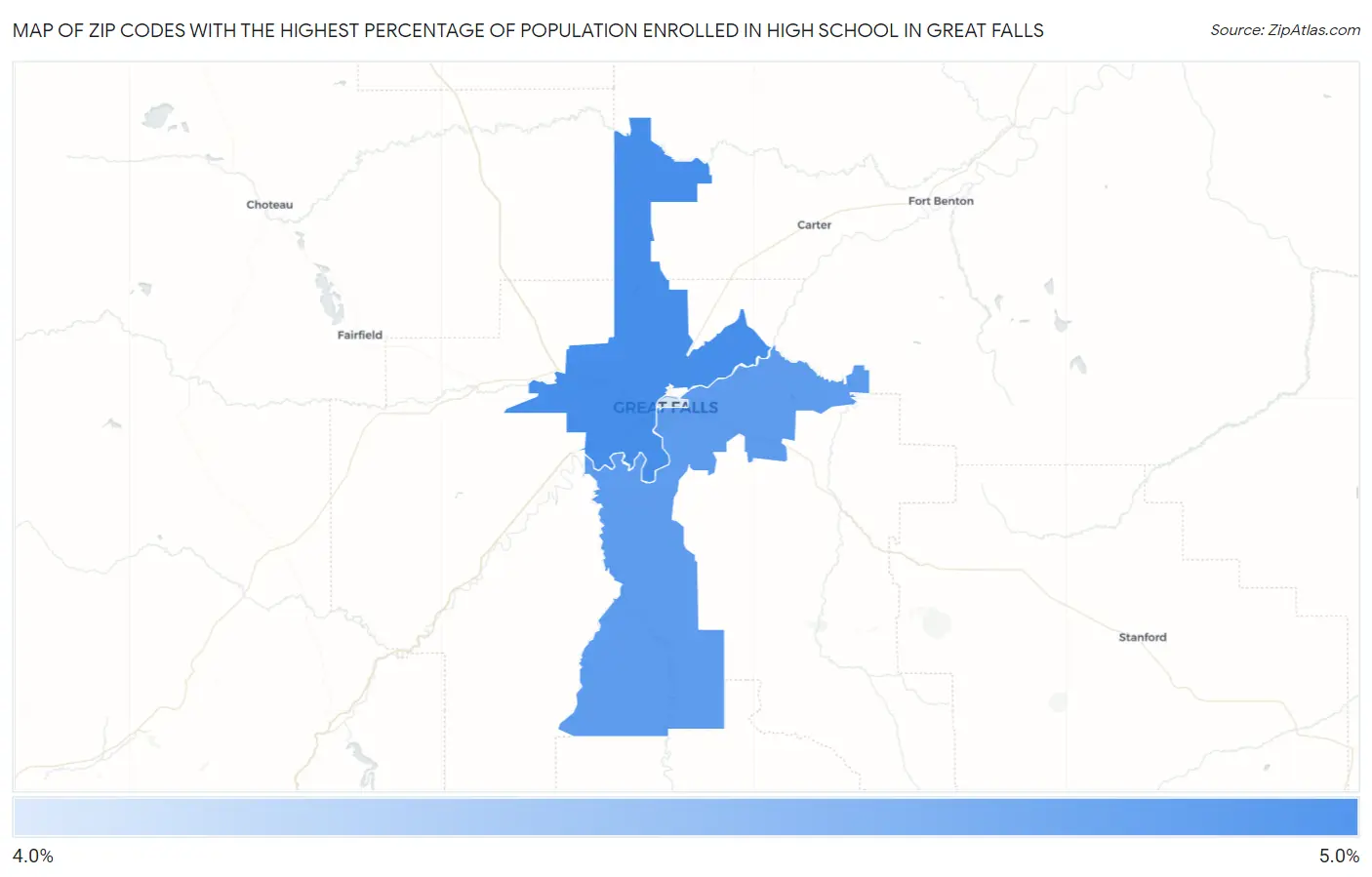 Zip Codes with the Highest Percentage of Population Enrolled in High School in Great Falls Map