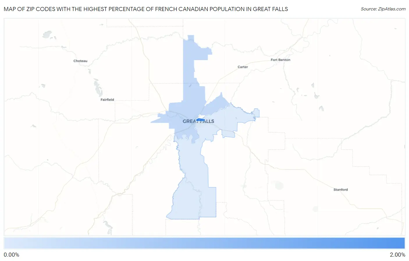 Zip Codes with the Highest Percentage of French Canadian Population in Great Falls Map