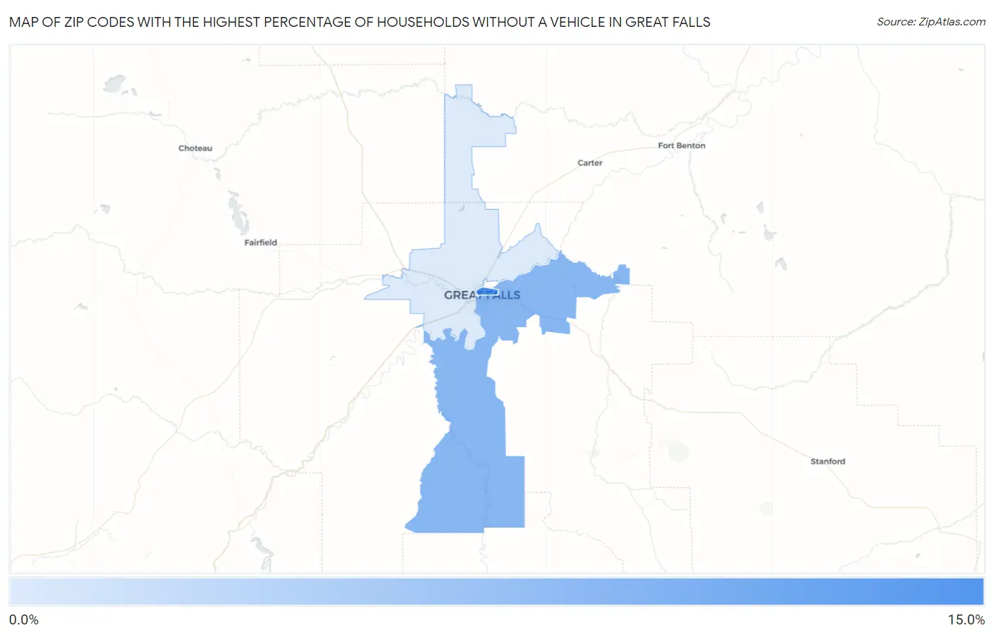 Zip Codes with the Highest Percentage of Households Without a Vehicle in Great Falls Map