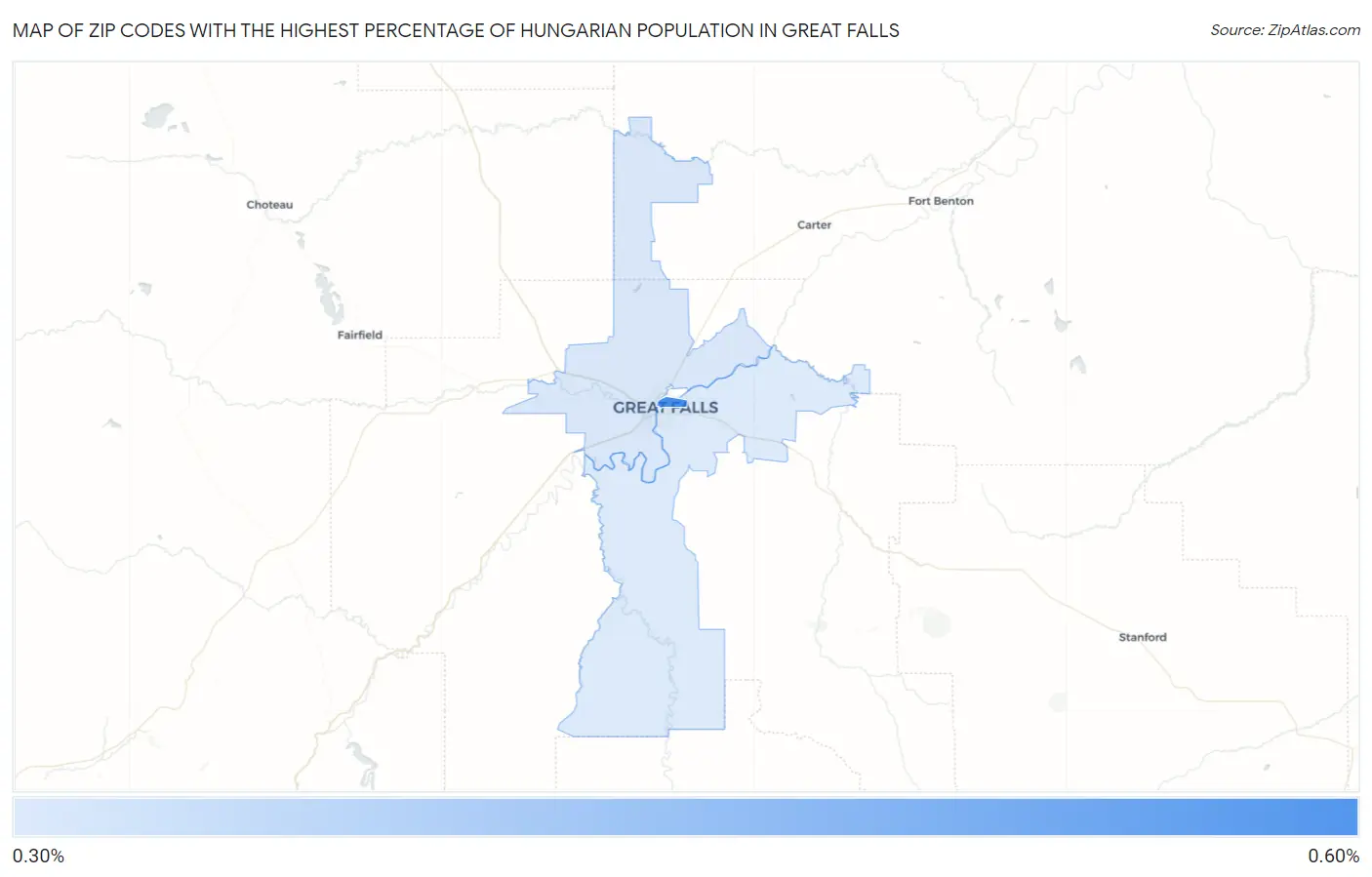 Zip Codes with the Highest Percentage of Hungarian Population in Great Falls Map