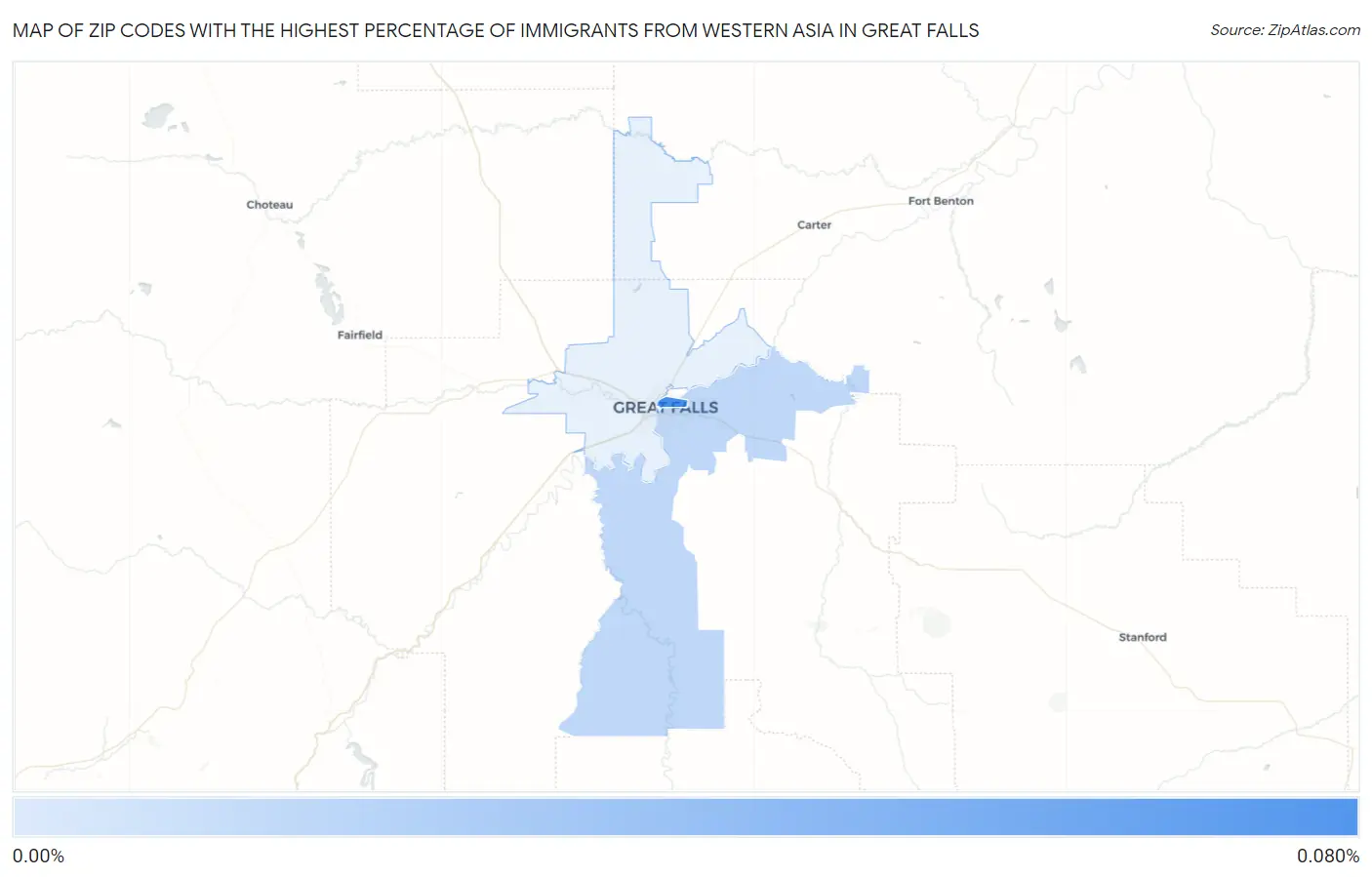 Zip Codes with the Highest Percentage of Immigrants from Western Asia in Great Falls Map