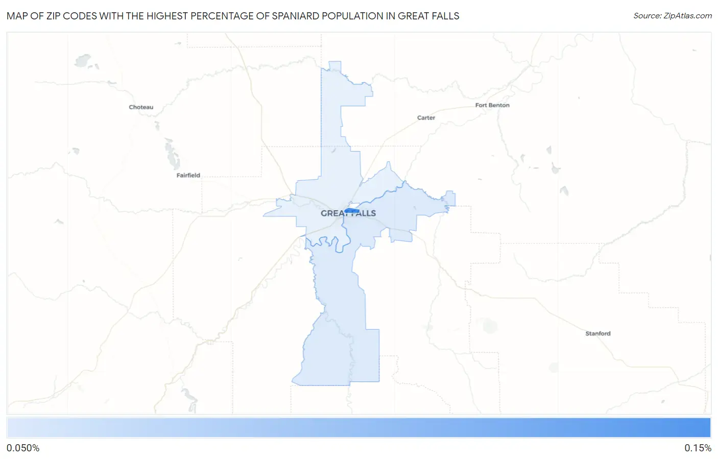 Zip Codes with the Highest Percentage of Spaniard Population in Great Falls Map