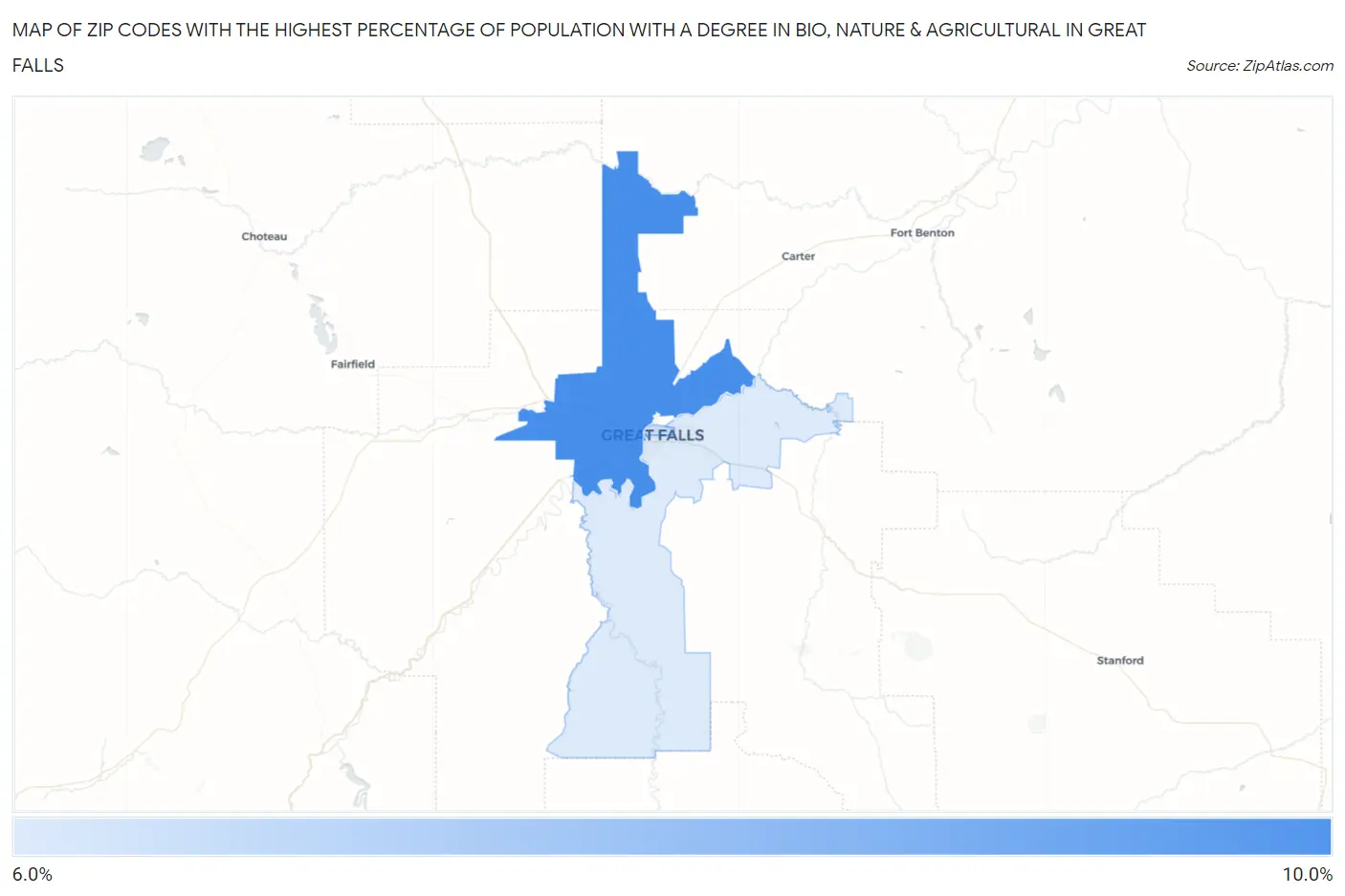 Zip Codes with the Highest Percentage of Population with a Degree in Bio, Nature & Agricultural in Great Falls Map