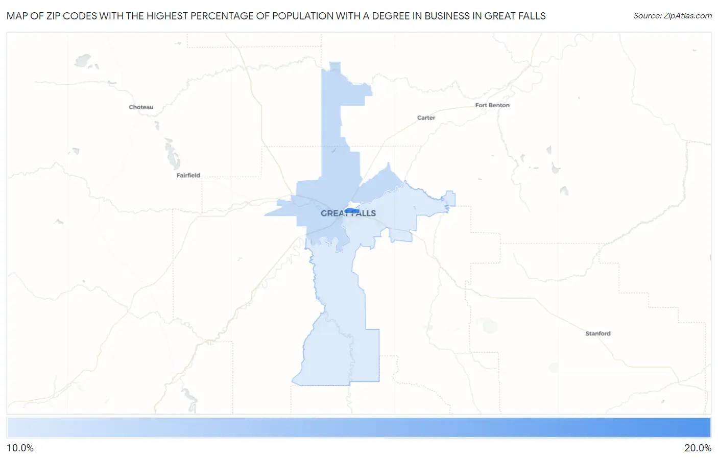 Zip Codes with the Highest Percentage of Population with a Degree in Business in Great Falls Map