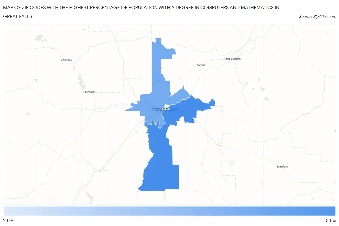 Zip Codes with the Highest Percentage of Population with a Degree in Computers and Mathematics in Great Falls Map