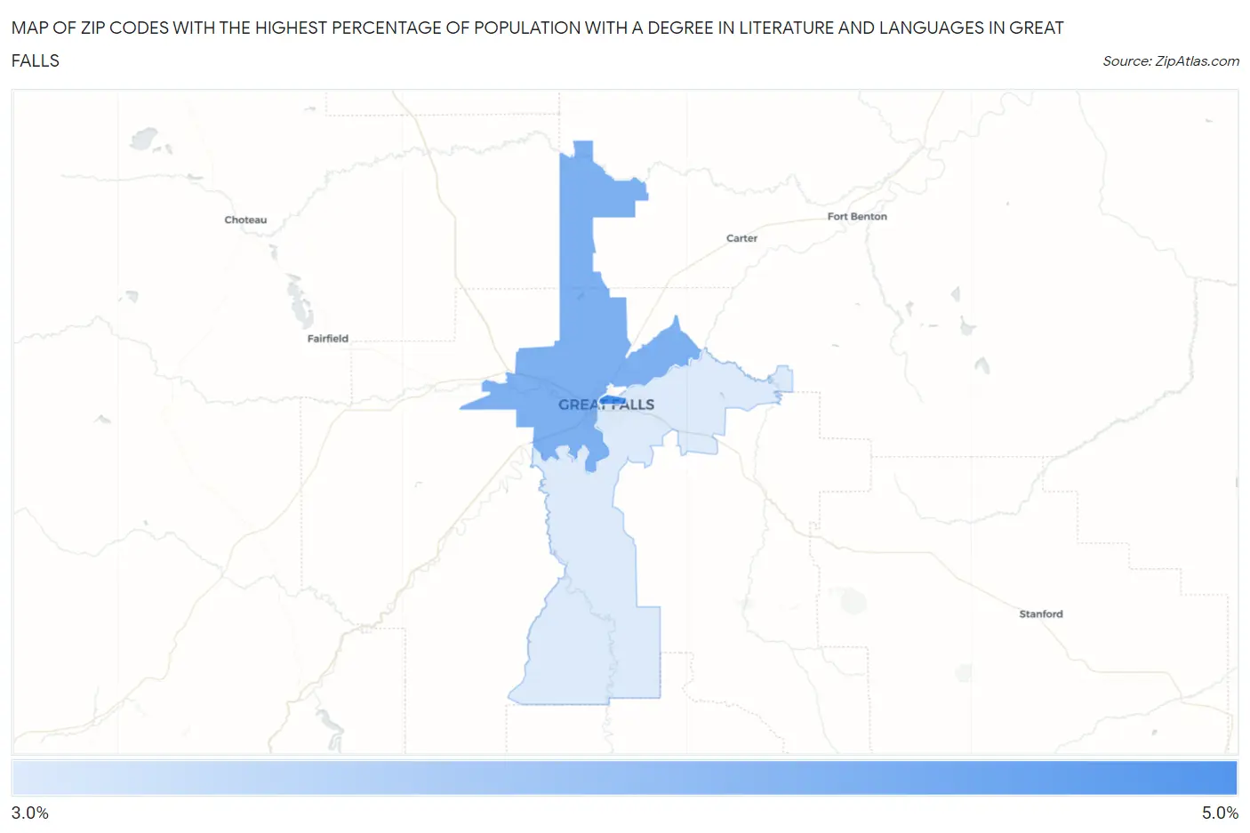 Zip Codes with the Highest Percentage of Population with a Degree in Literature and Languages in Great Falls Map
