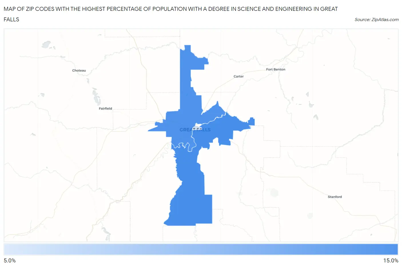 Zip Codes with the Highest Percentage of Population with a Degree in Science and Engineering in Great Falls Map