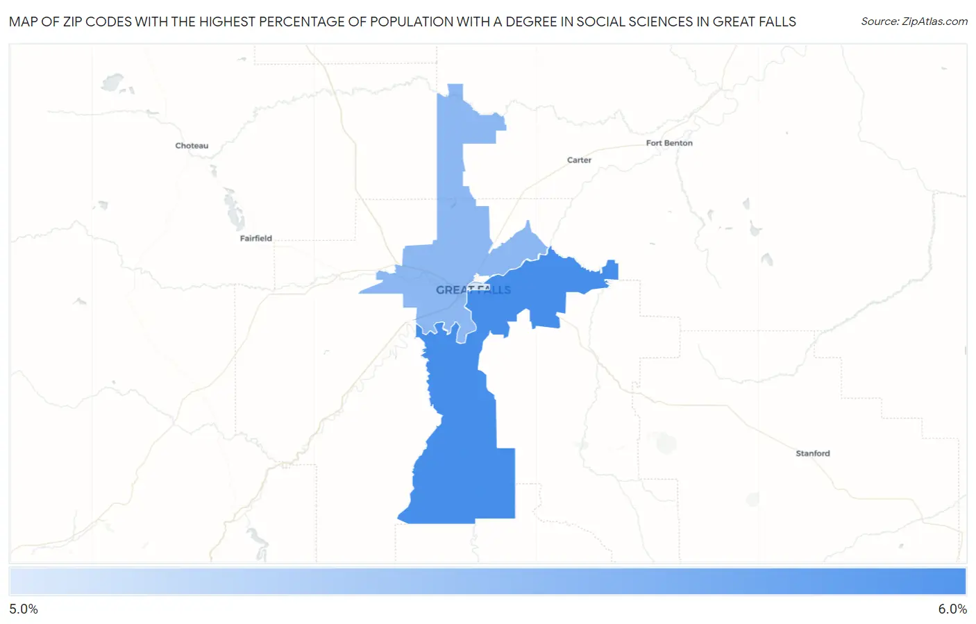 Zip Codes with the Highest Percentage of Population with a Degree in Social Sciences in Great Falls Map