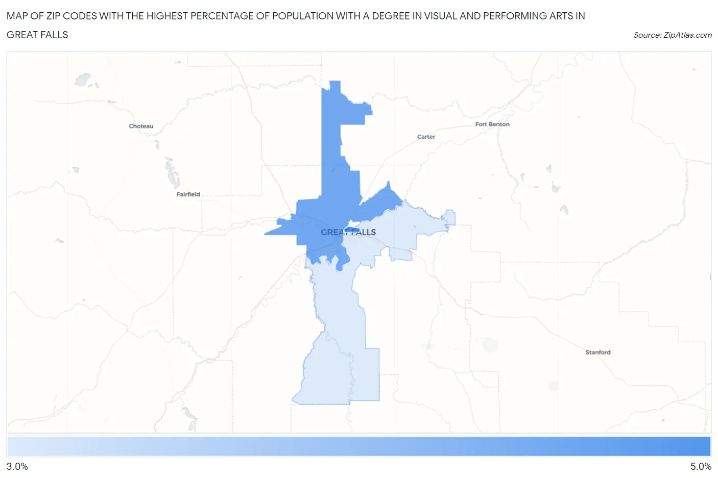 Zip Codes with the Highest Percentage of Population with a Degree in Visual and Performing Arts in Great Falls Map