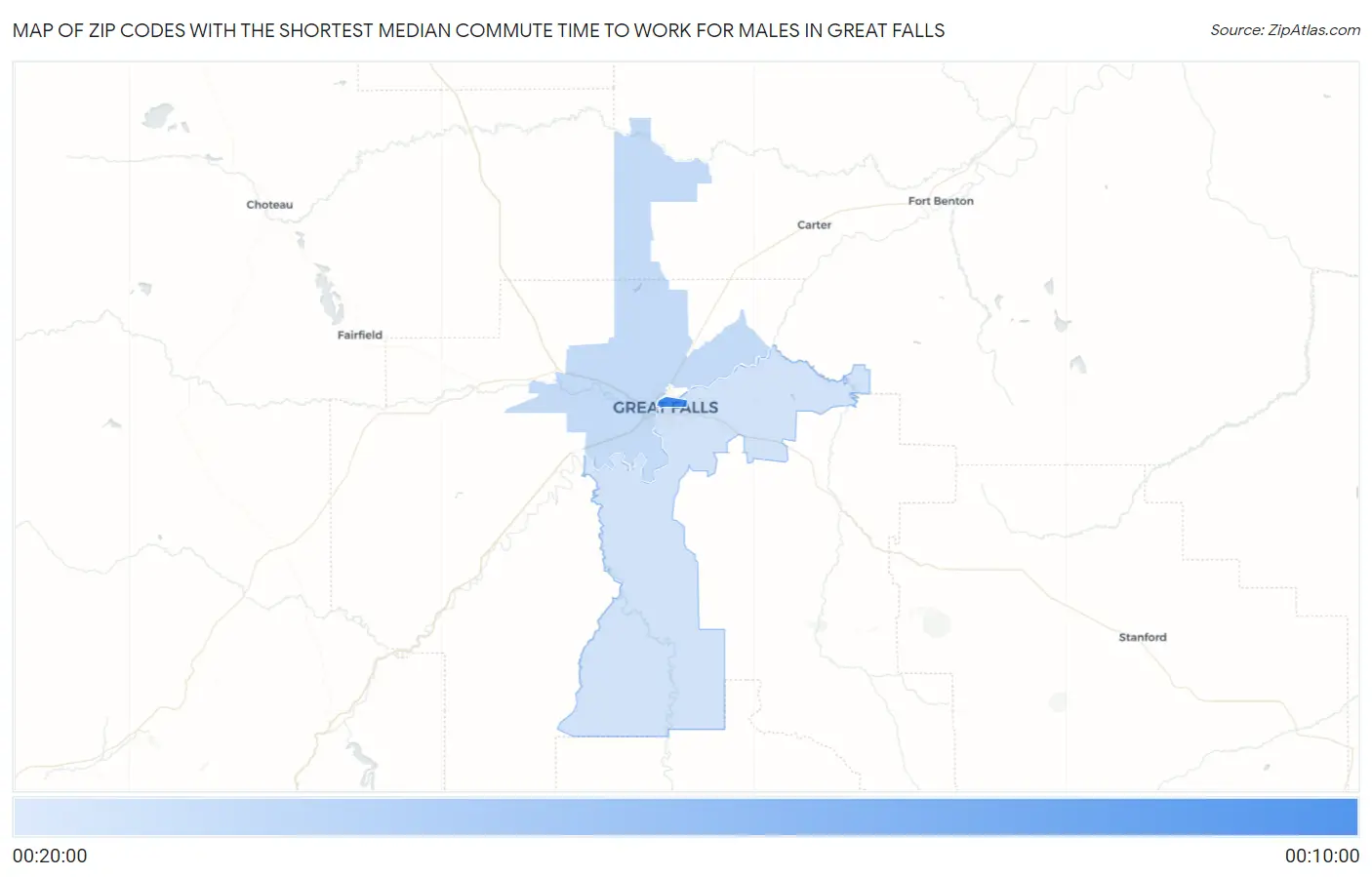 Zip Codes with the Shortest Median Commute Time to Work for Males in Great Falls Map