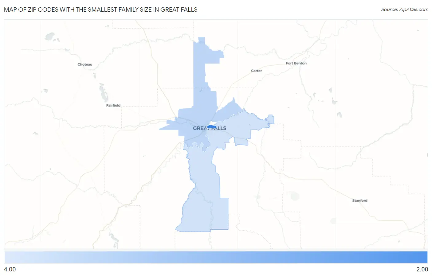 Zip Codes with the Smallest Family Size in Great Falls Map