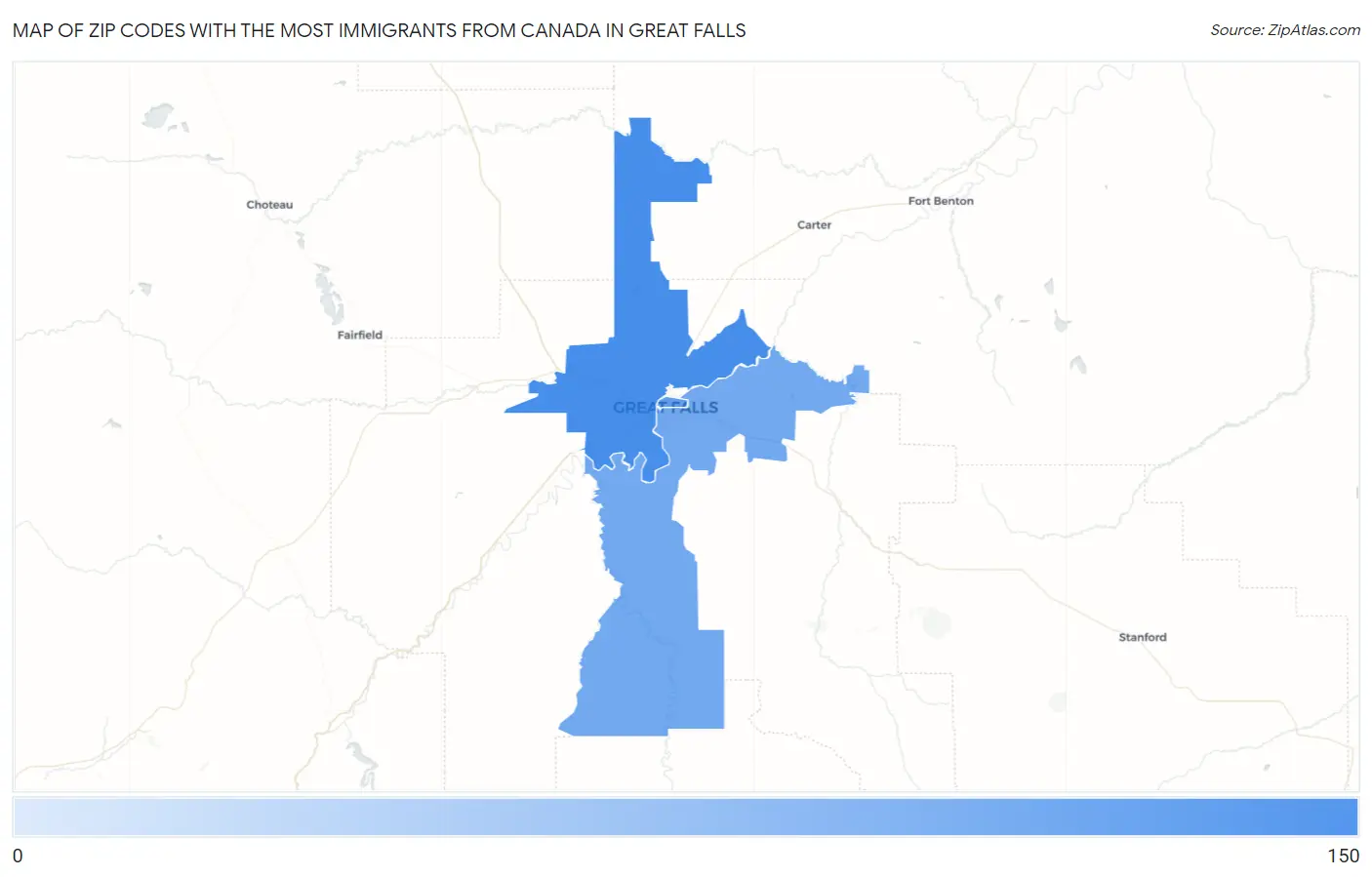 Zip Codes with the Most Immigrants from Canada in Great Falls Map