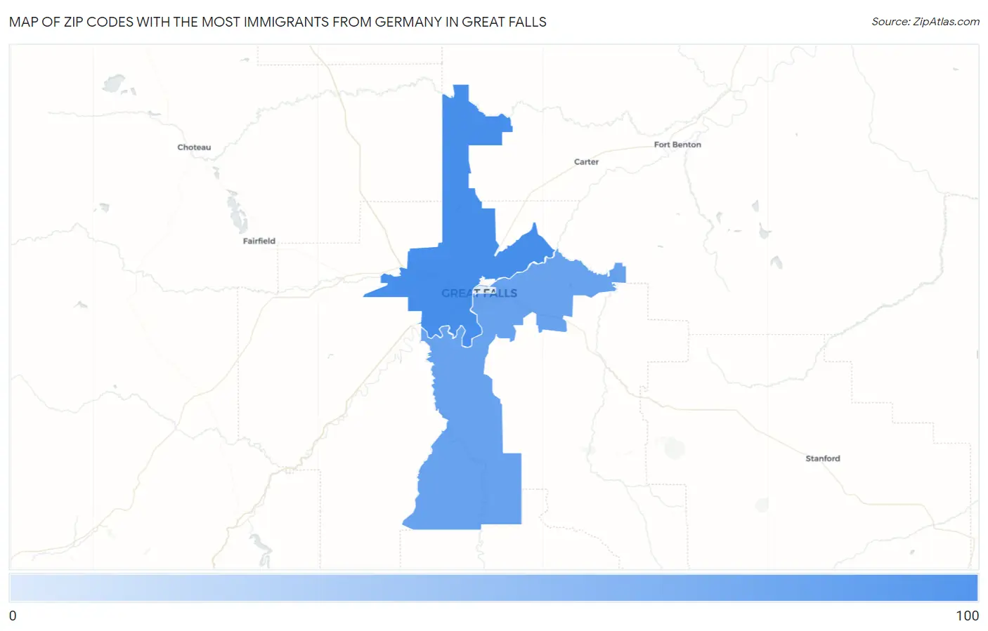 Zip Codes with the Most Immigrants from Germany in Great Falls Map