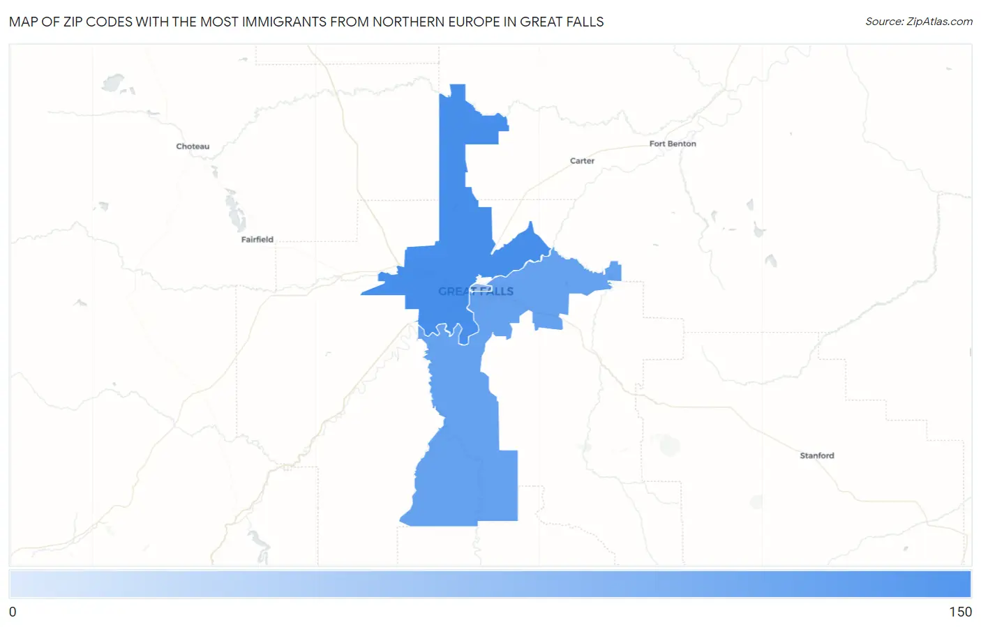 Zip Codes with the Most Immigrants from Northern Europe in Great Falls Map