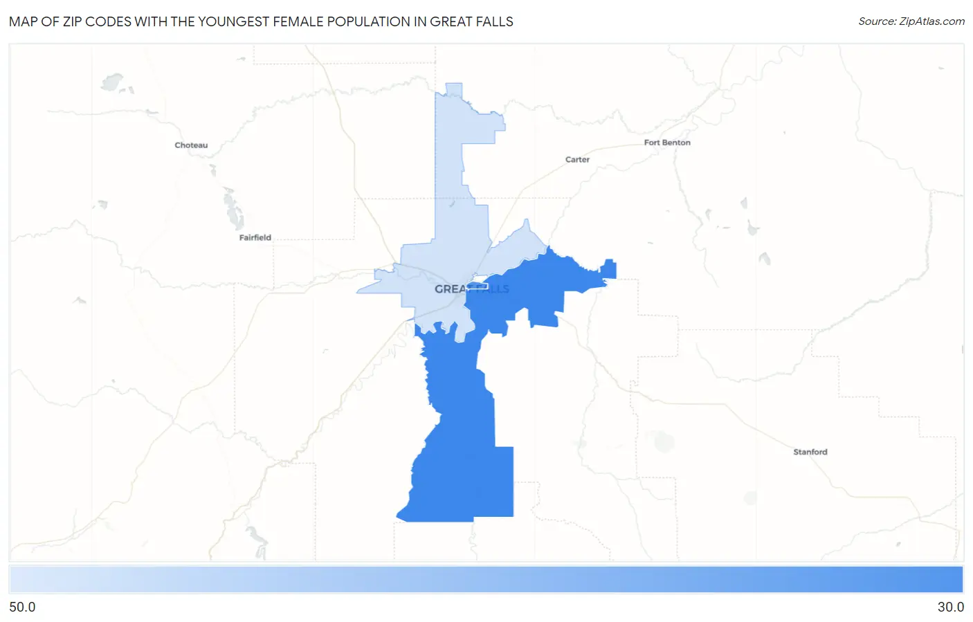 Zip Codes with the Youngest Female Population in Great Falls Map