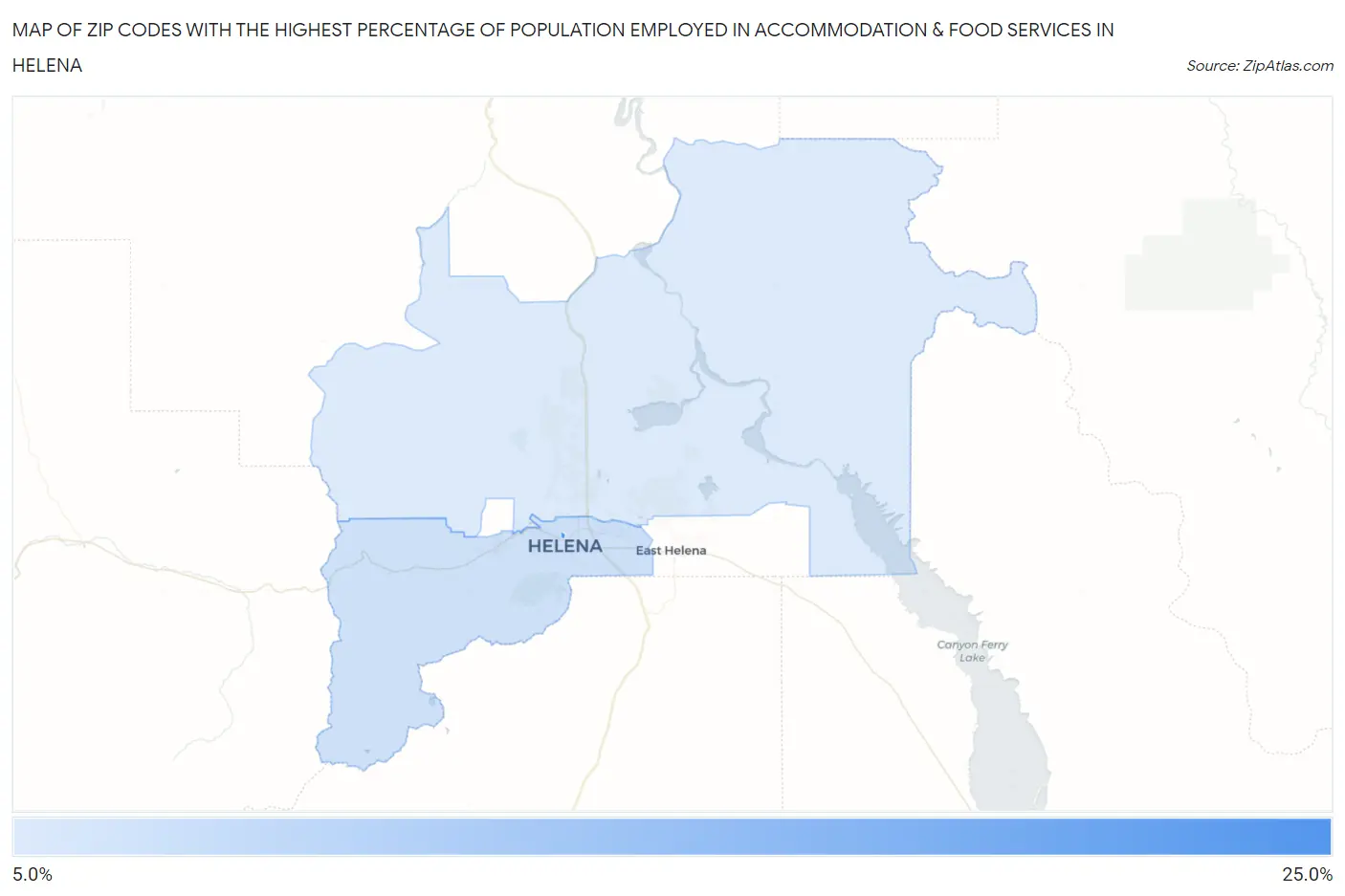 Zip Codes with the Highest Percentage of Population Employed in Accommodation & Food Services in Helena Map