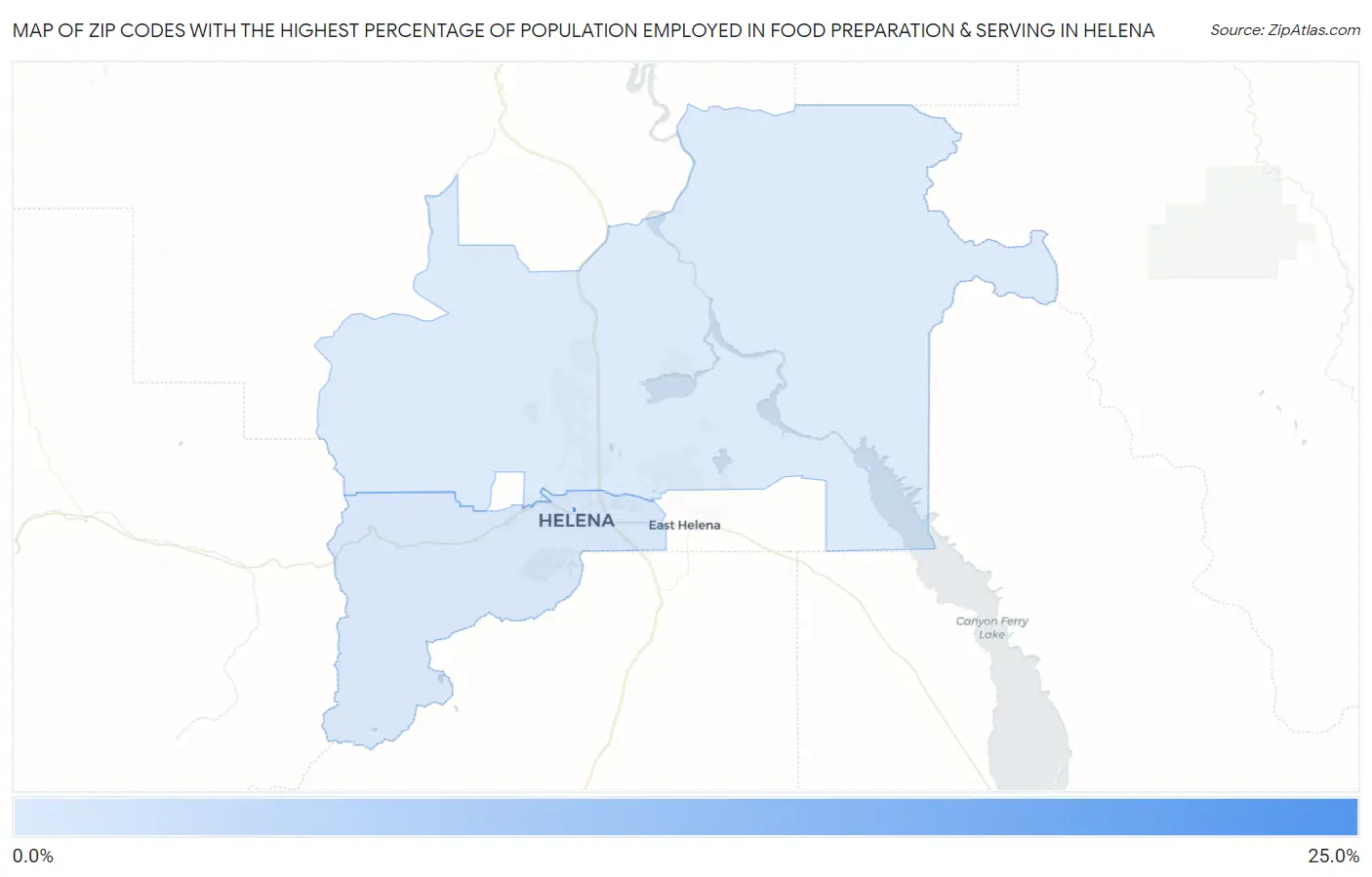 Zip Codes with the Highest Percentage of Population Employed in Food Preparation & Serving in Helena Map