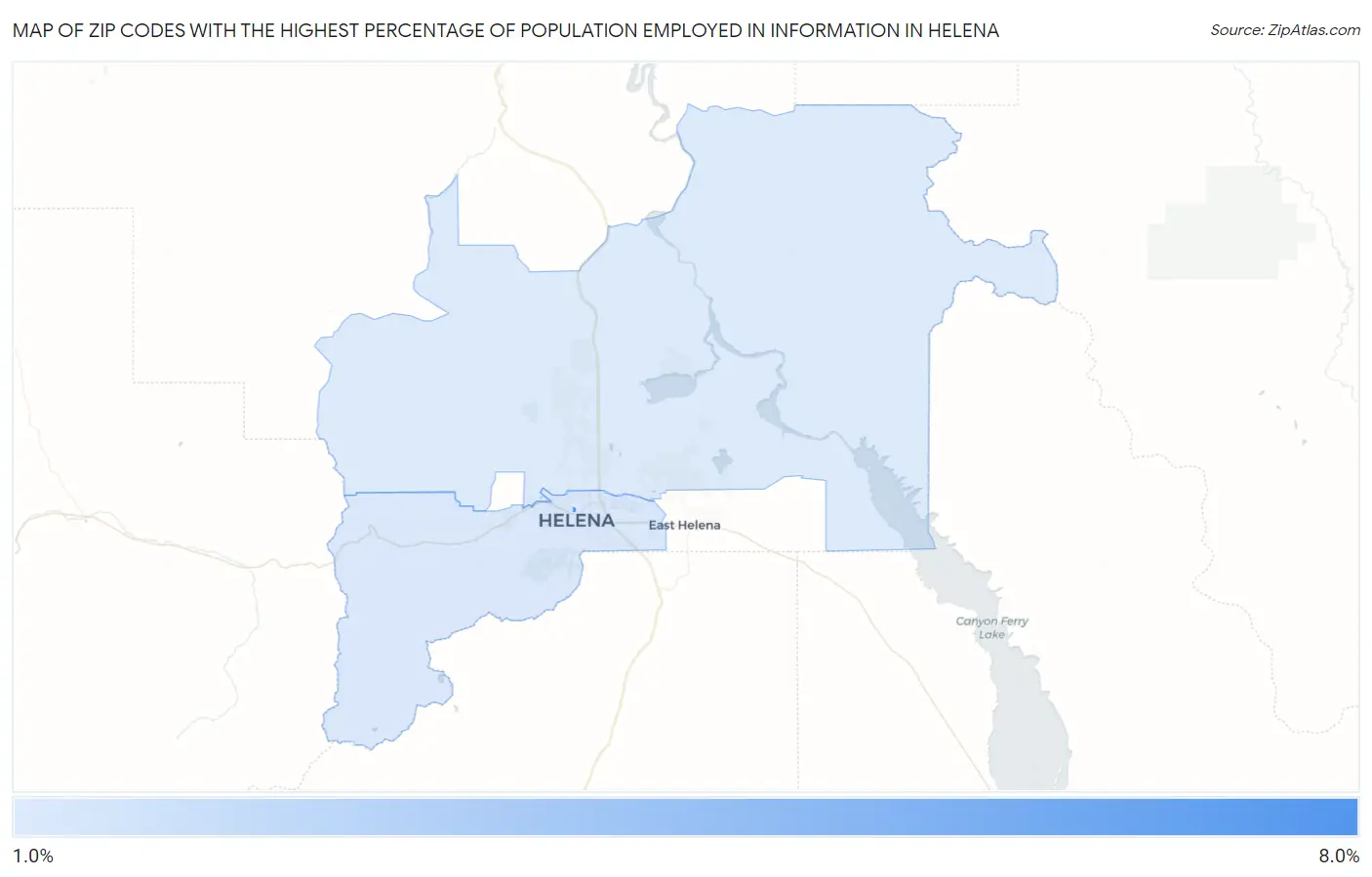 Zip Codes with the Highest Percentage of Population Employed in Information in Helena Map