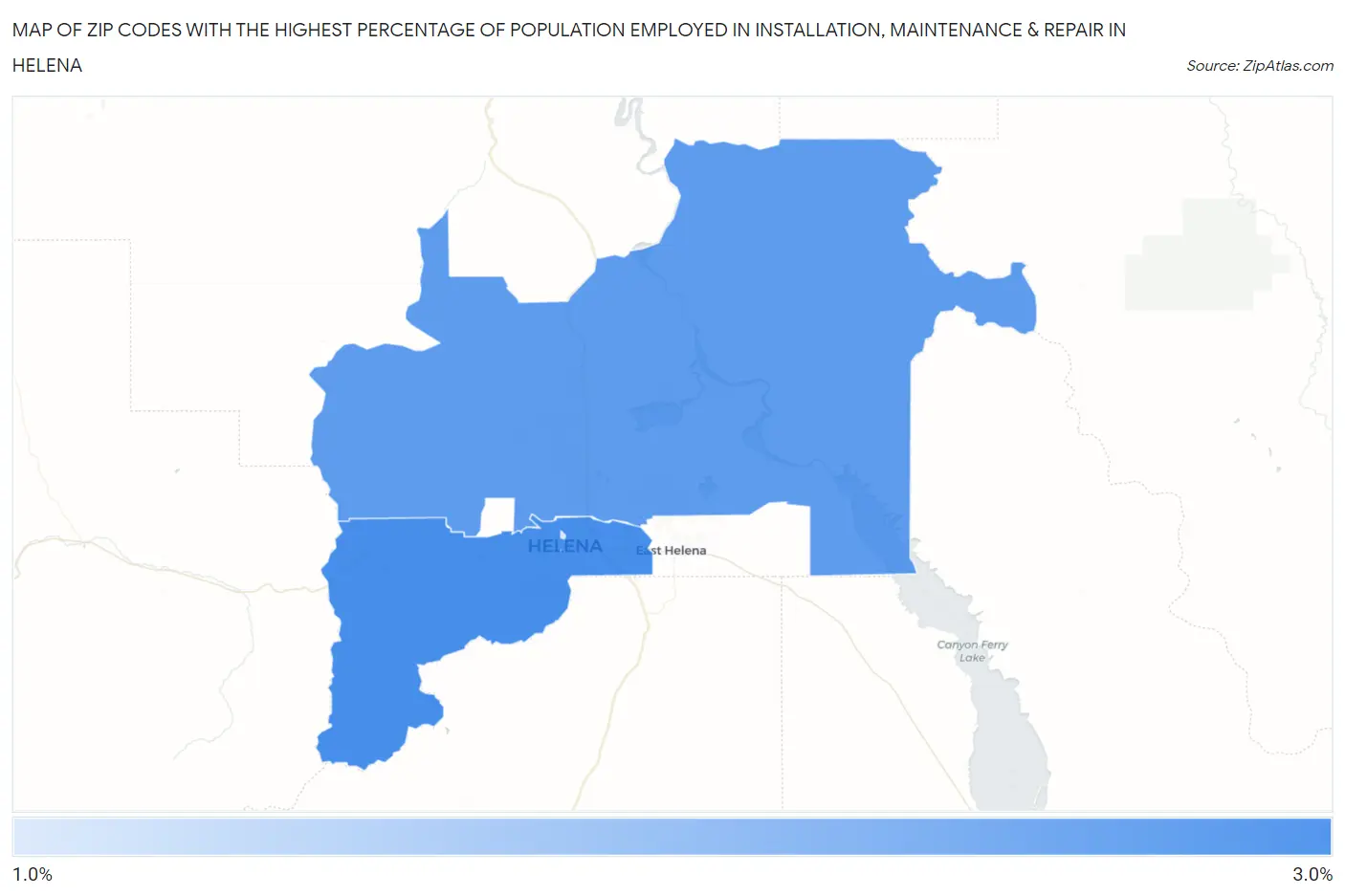Zip Codes with the Highest Percentage of Population Employed in Installation, Maintenance & Repair in Helena Map
