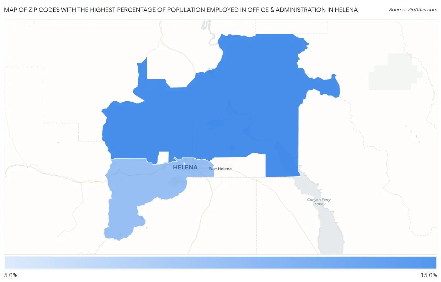 Zip Codes with the Highest Percentage of Population Employed in Office & Administration in Helena Map