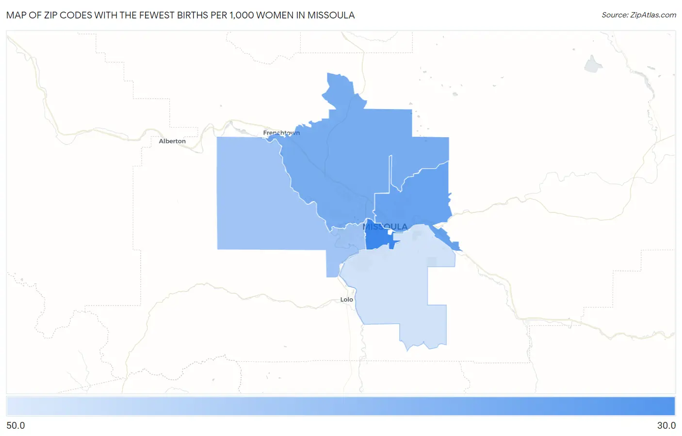 Zip Codes with the Fewest Births per 1,000 Women in Missoula Map