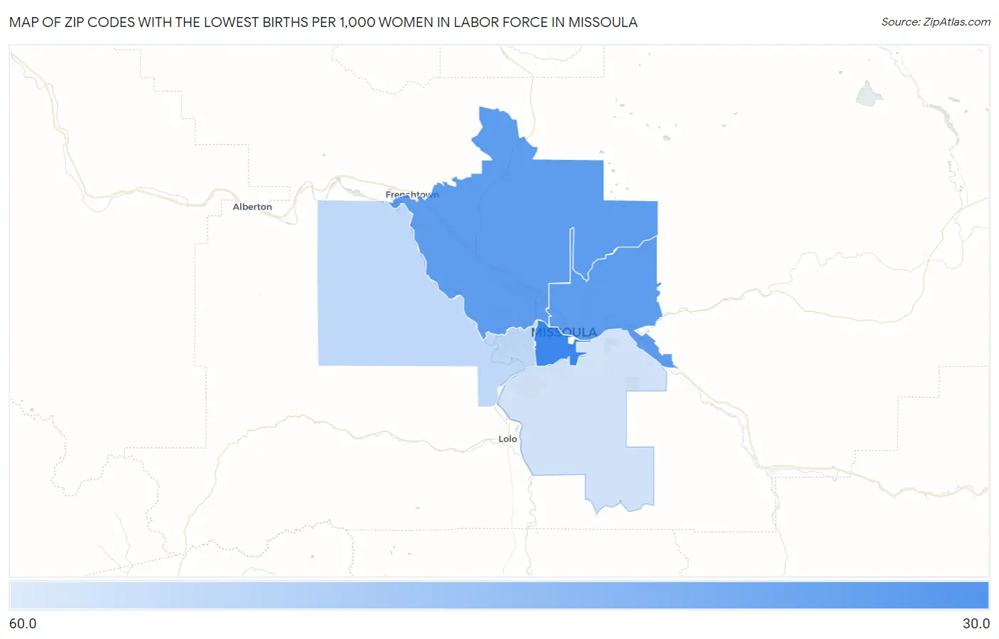 Zip Codes with the Lowest Births per 1,000 Women in Labor Force in Missoula Map