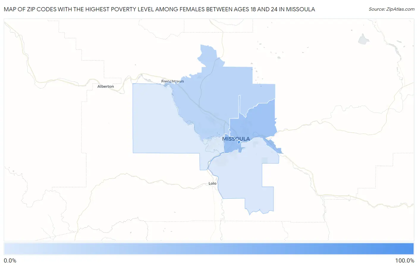 Zip Codes with the Highest Poverty Level Among Females Between Ages 18 and 24 in Missoula Map